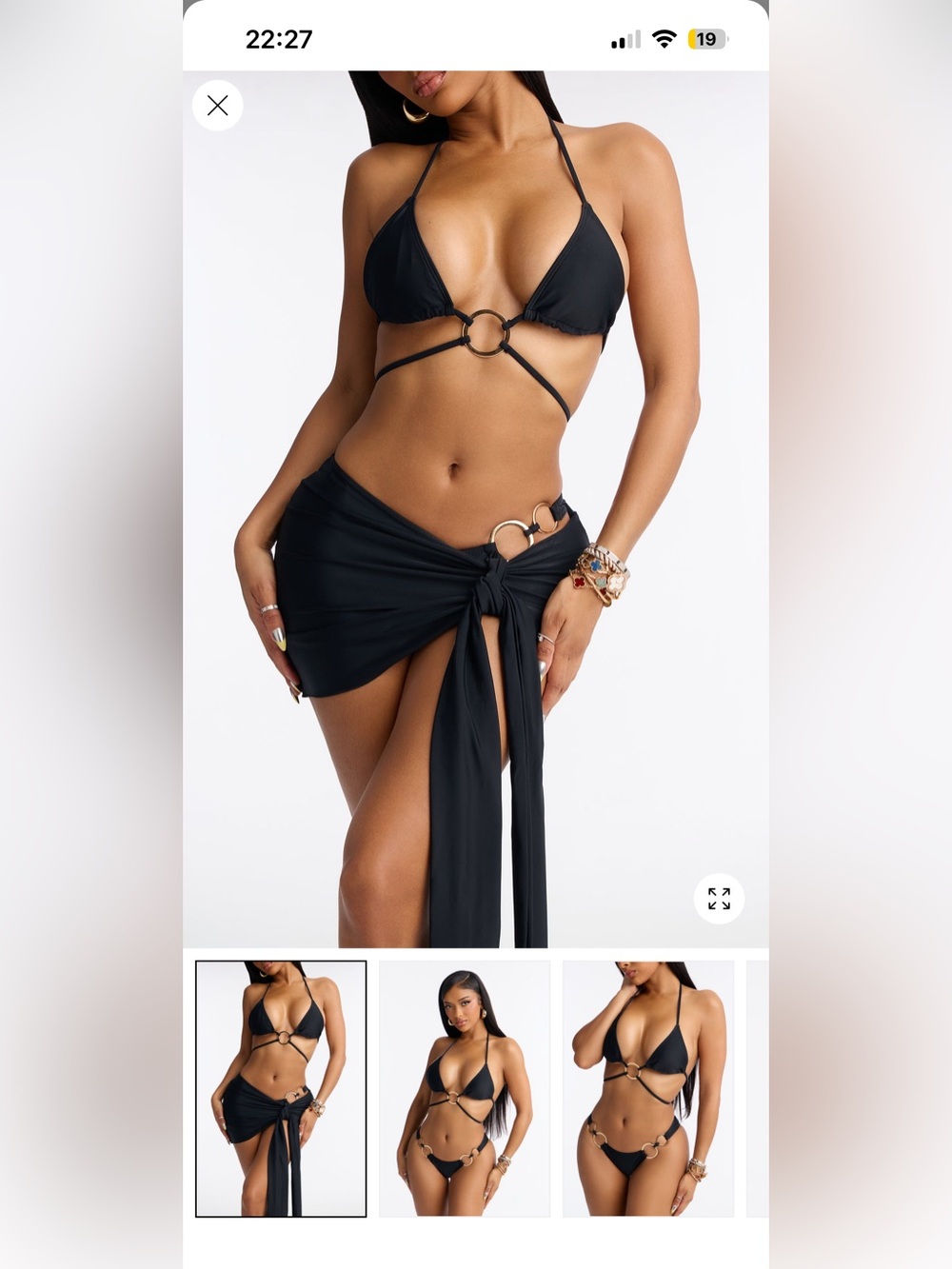 3 pièces  black Ring-Detail Swim Sarong and Bikini Set - Women Swim